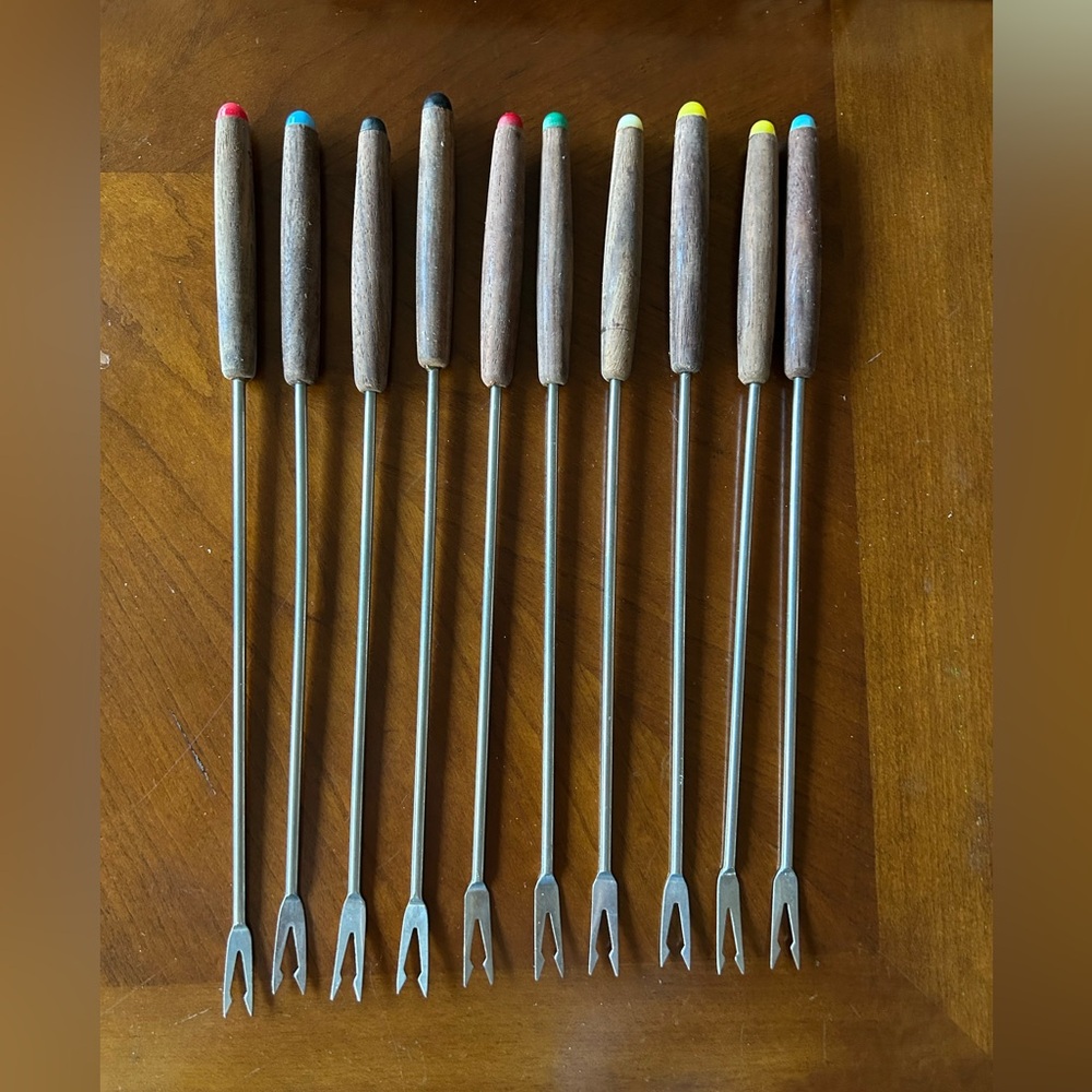 1970s Vintage Forks Cherry Wood Handles Stainless Steel Multi-Colored Dayton’s